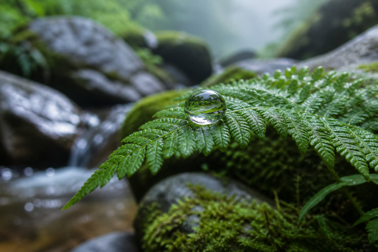 Капля воды на листе папоротника